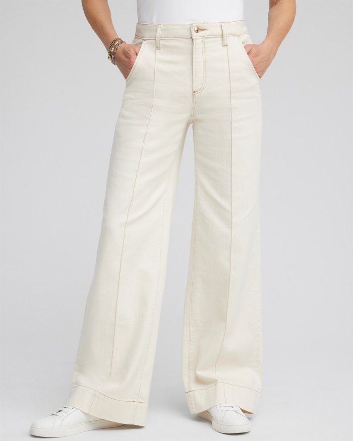 Women's Pintuck High Rise Wide Leg Jeans - Natural Seeded - Click Image to Close