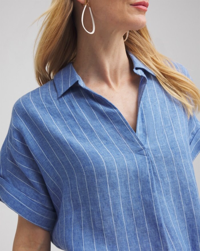 Women's Linen Stripe Popover Top - Blue