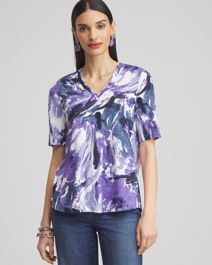 Women's Floral Elbow Sleeve A-line Tee - Parisian Purple - Click Image to Close