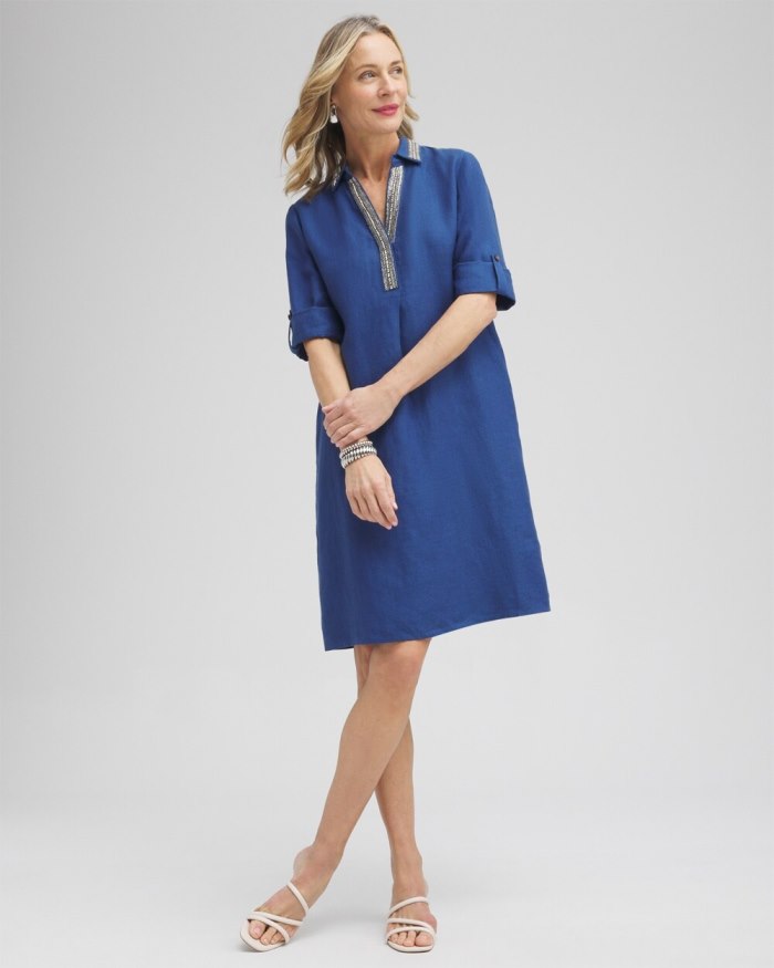 Women's Linen Embellished Shirt Dress - Naval Indigo