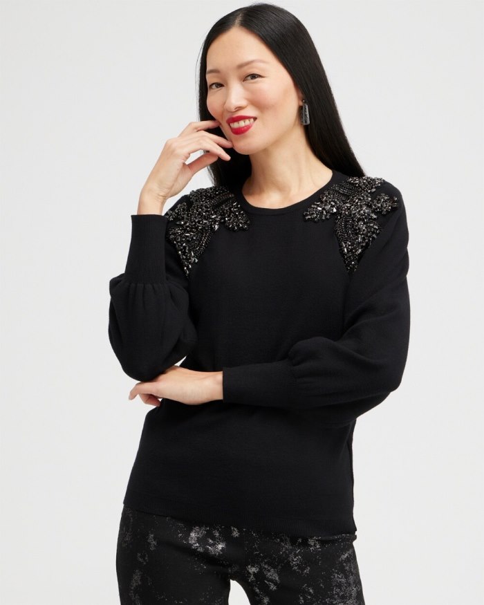 Women's Gem Embellished Pullover Sweater - Black