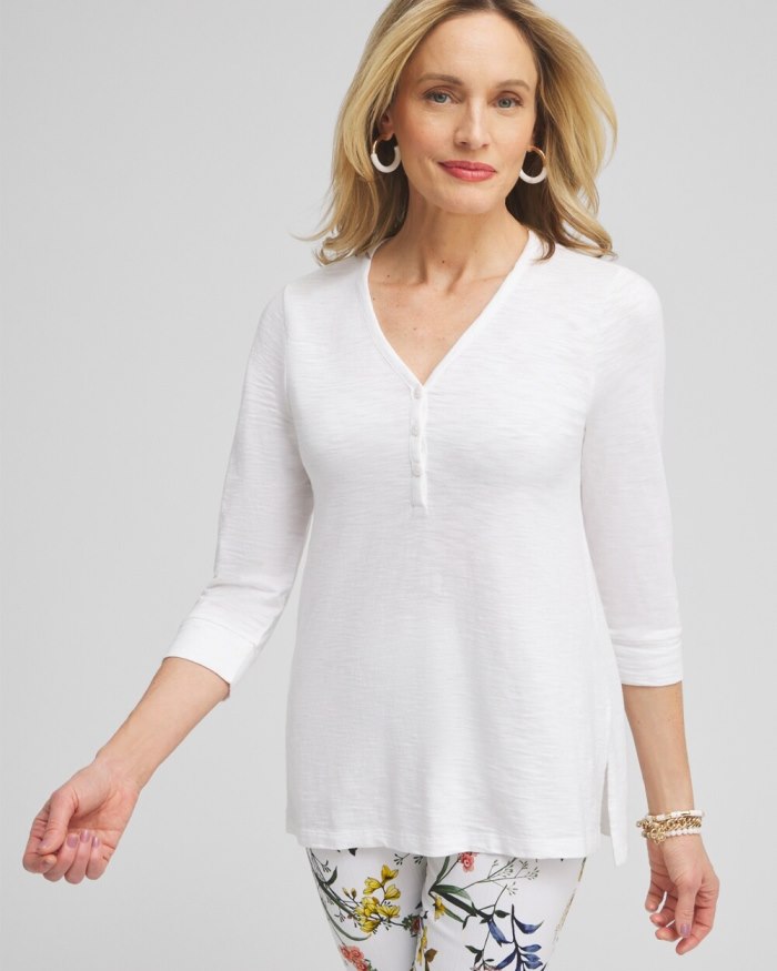 Women's Henley Side Slit Tunic - Alabaster - Click Image to Close