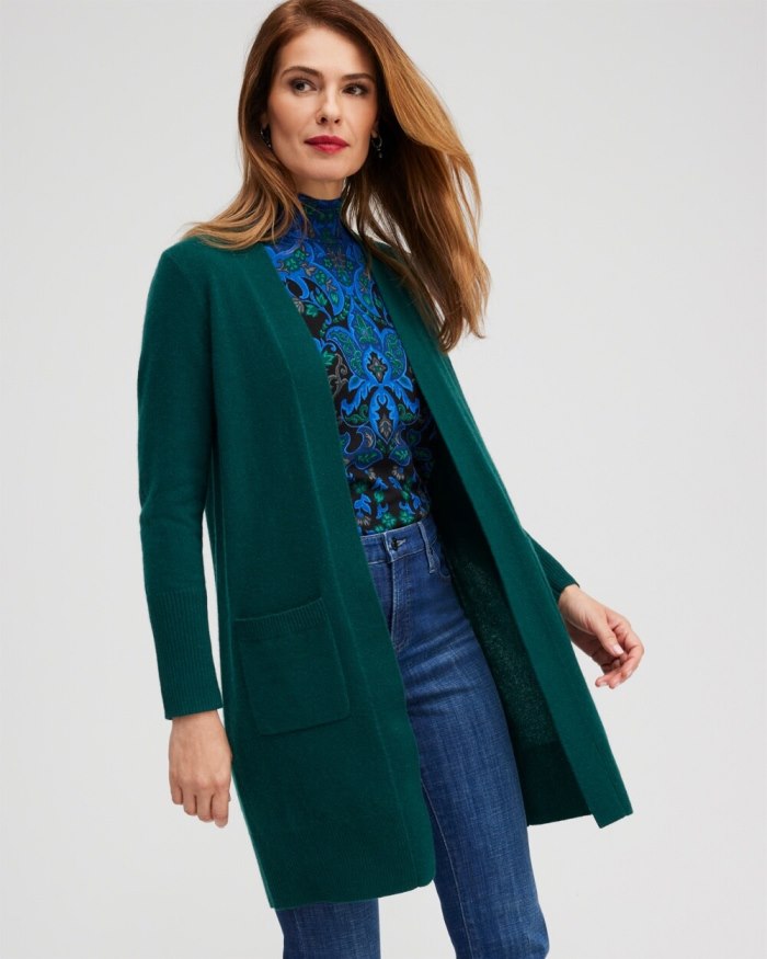 Women's Cashmere Duster Cardigan Sweater - Green - Click Image to Close