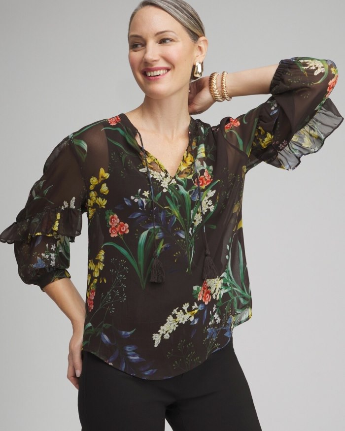 Women's Chiffon Floral Ruffle Sleeve Blouse - Black