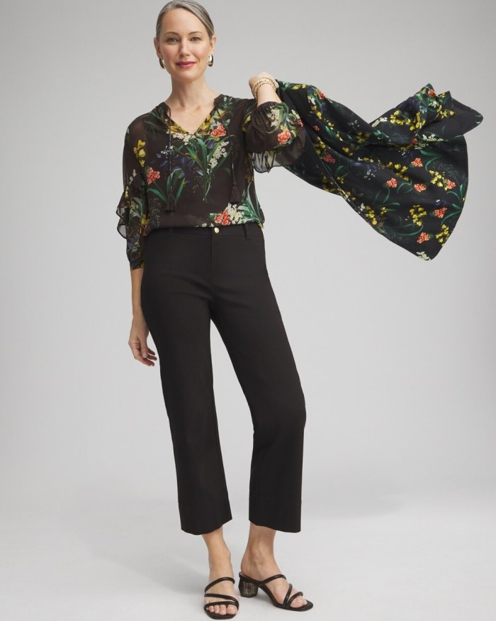 Women's Chiffon Floral Ruffle Sleeve Blouse - Black