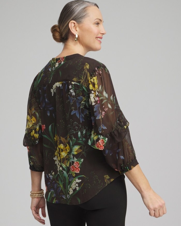 Women's Chiffon Floral Ruffle Sleeve Blouse - Black