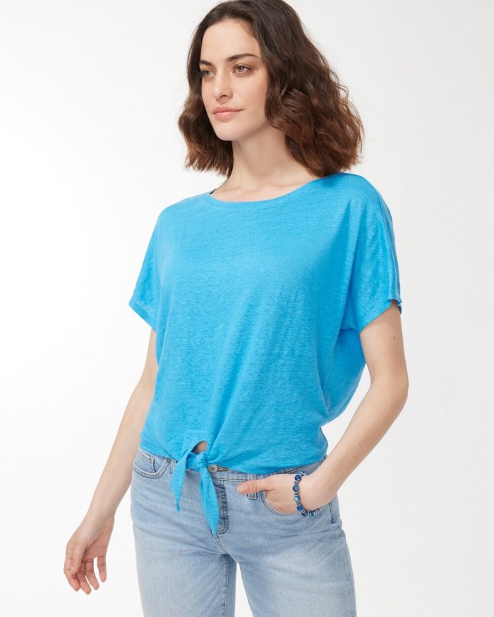 Women's Linen Tie Front Tee - Poolside Blue - Click Image to Close