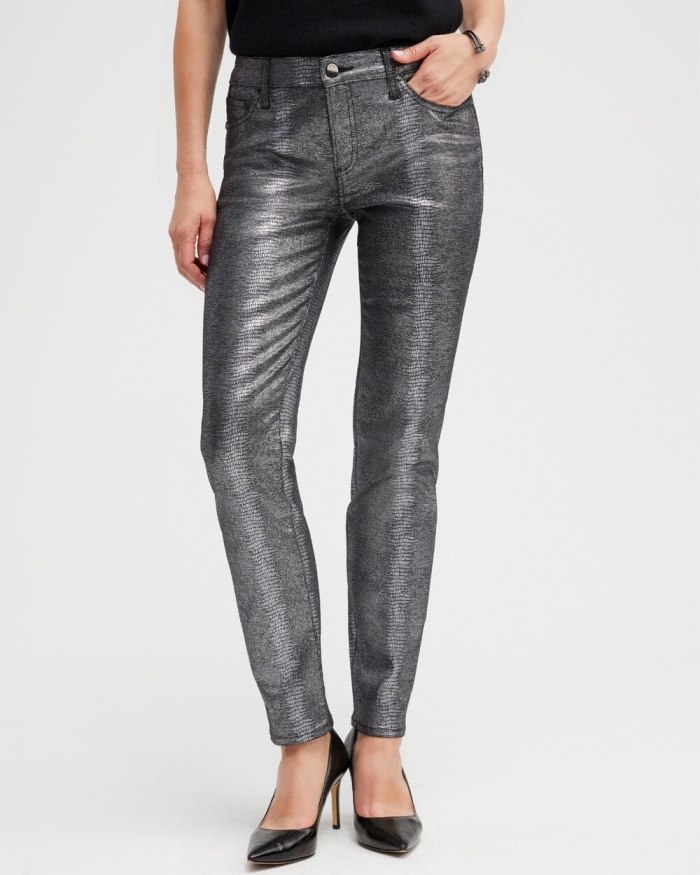 Women's Girlfriend Coated Ankle Jeans - Gunmetal Black Croc Foil