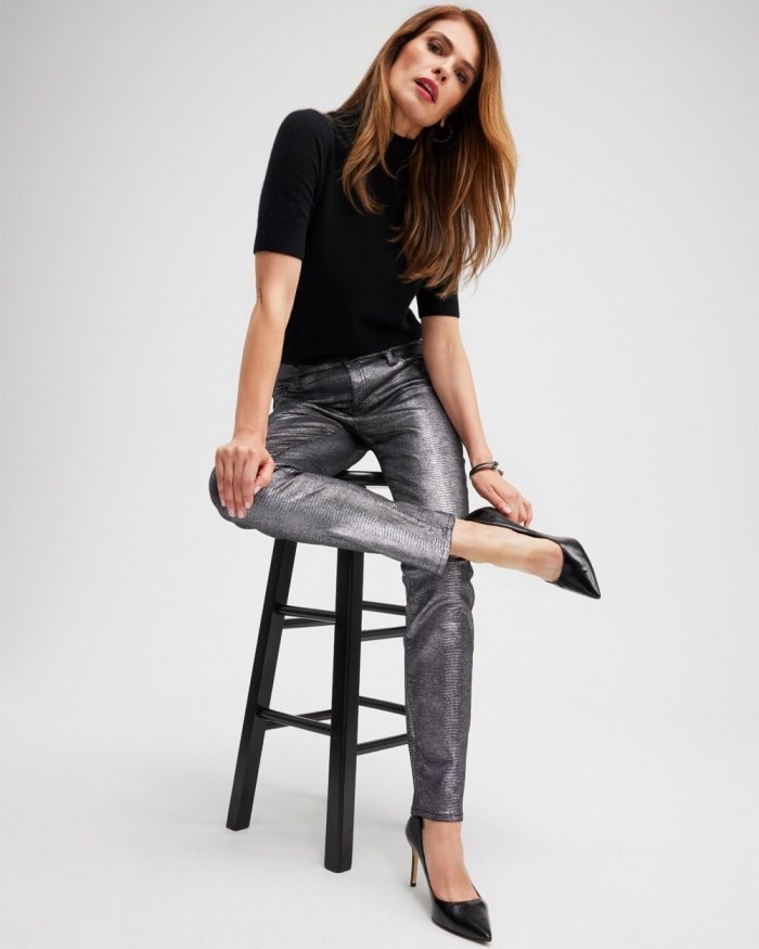 Women's Girlfriend Coated Ankle Jeans - Gunmetal Black Croc Foil