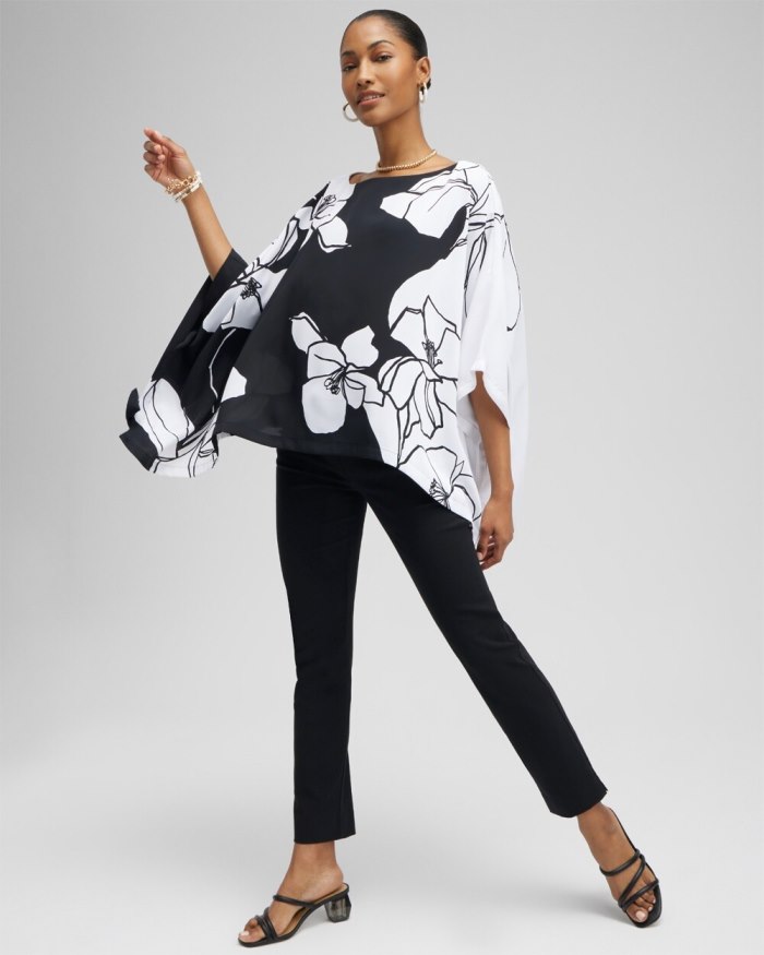 Women's Black and White Floral Poncho - Black/White