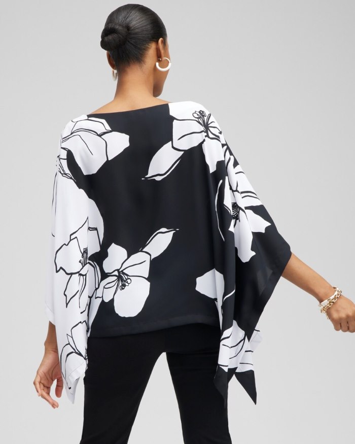 Women's Black and White Floral Poncho - Black/White