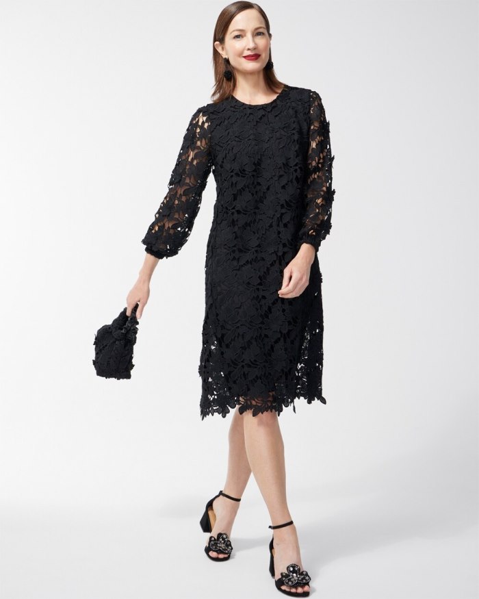 Women's Textured Lace Short Dress - Black