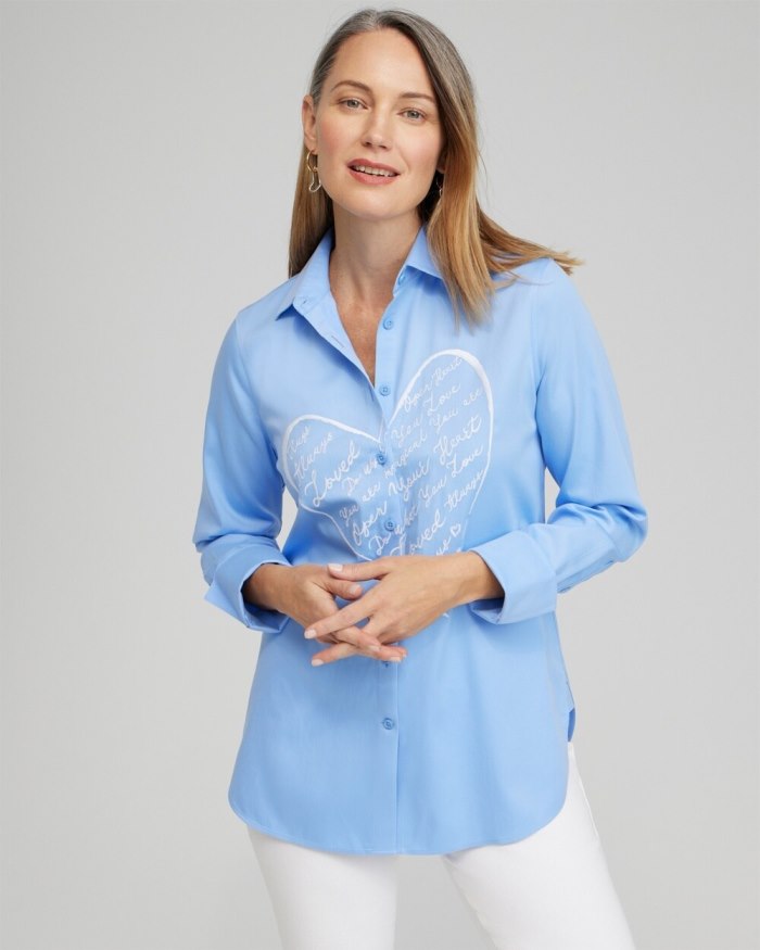 Women's No Iron Stretch Embroidered Heart Shirt - Blue Veil