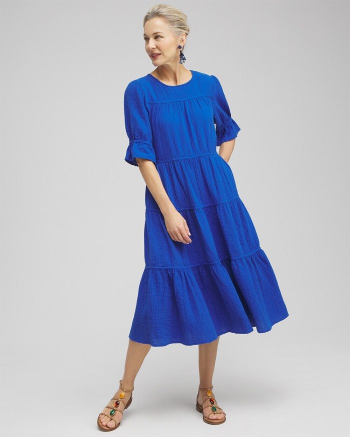 Women's Gauze Tiered Midi Dress - Intense Azure