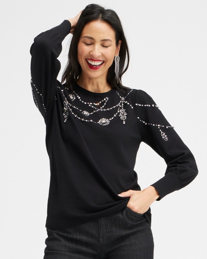 Women's Crystal Chandelier Pullover Sweater - Black - Click Image to Close