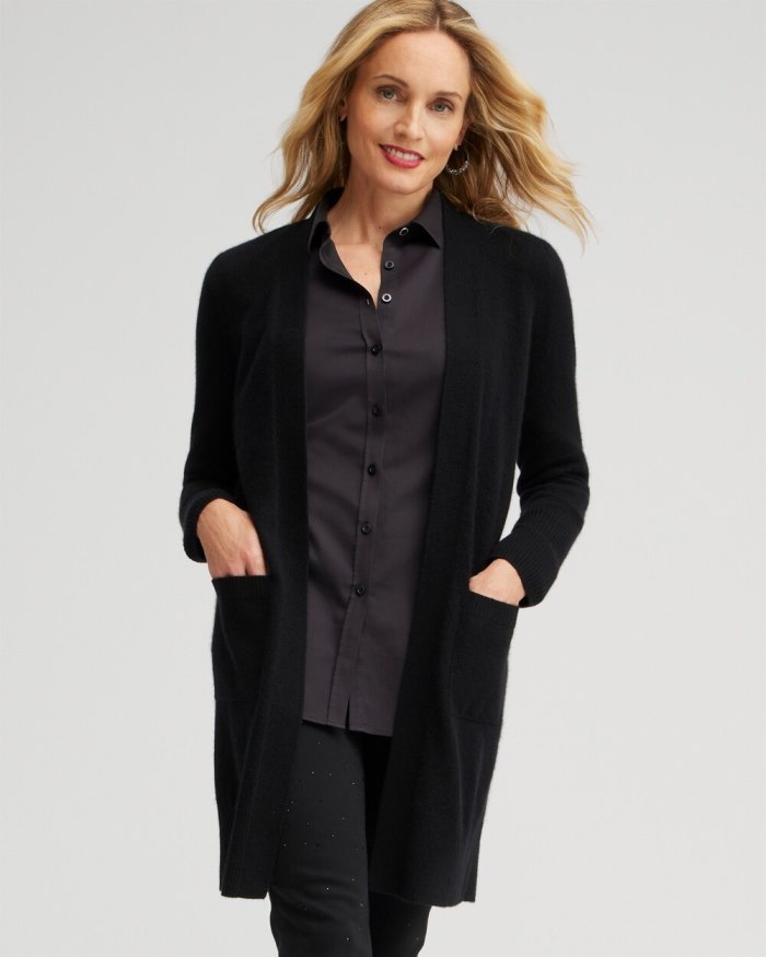 Women's Cashmere Duster Cardigan Sweater - Black - Click Image to Close