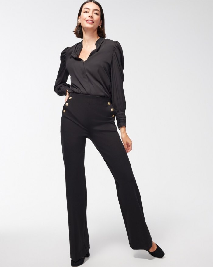 Women's Ponte Button Flare Pants - Black