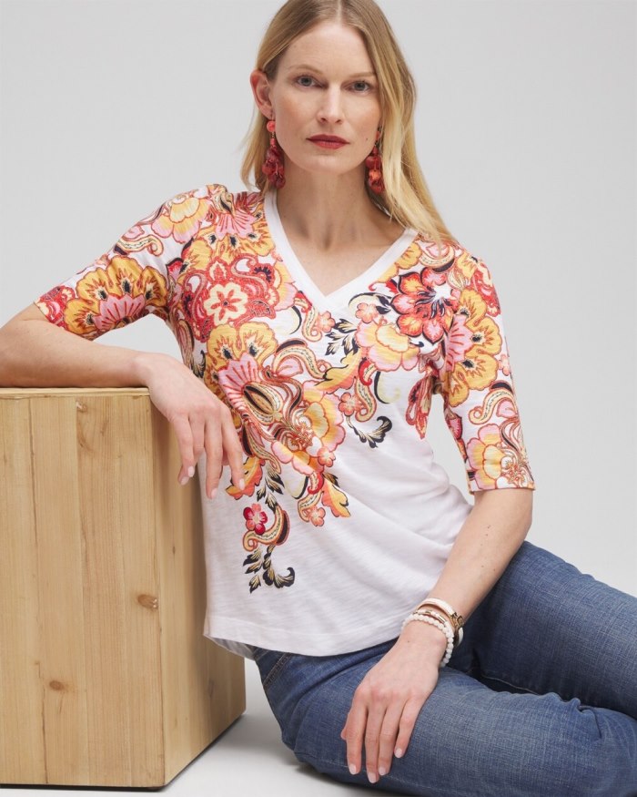 Women's Floral Elbow Sleeve A-line Tee - Alabaster