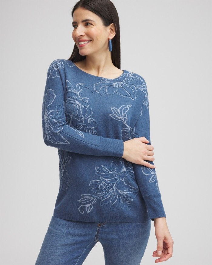 Women's Faux Denim Soutache Pullover Sweater - Denim