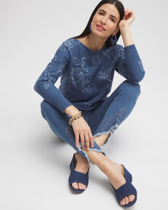 Women's Faux Denim Soutache Pullover Sweater - Denim