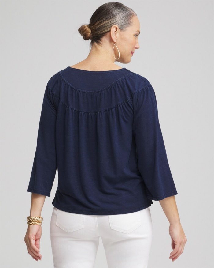 Women's Faux Denim Eyelet Trim Top - Riviera Authentic