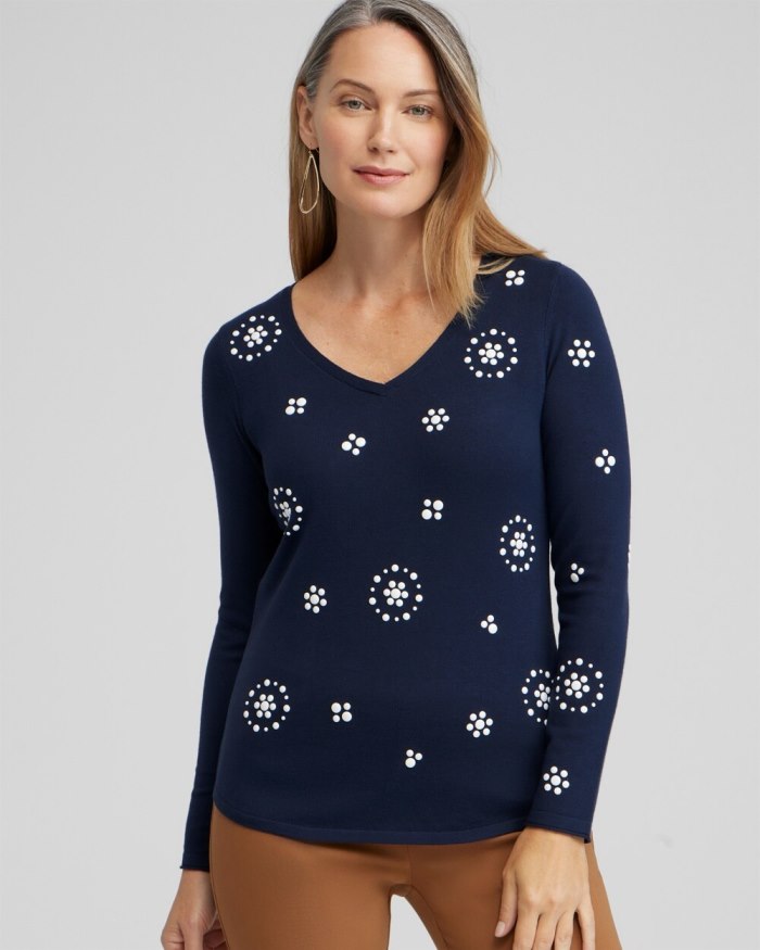 Women's Spun Rayon Embellished V-neck Pullover - Classic Navy