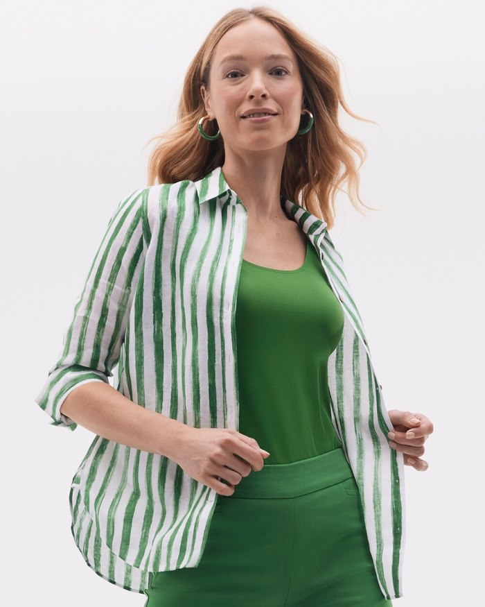 Women's No Iron Linen Stripe 3/4 Sleeve Shirt - Verdant Green