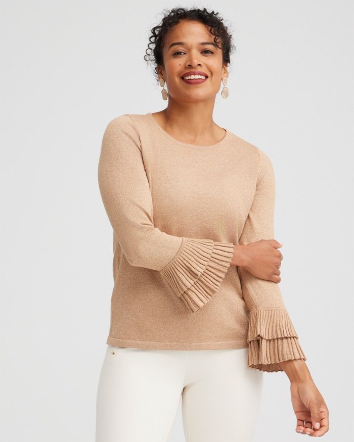 Women's Lurex Pleat Sleeve Pullover Sweater - Faux Camel Heather