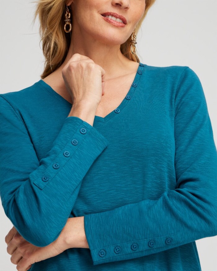 Women's Button Detail V-neck Tunic - Moonlit Teal