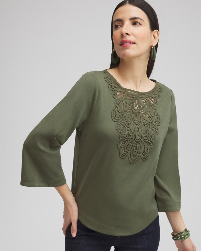 Women's Lace Inset Top - Olive - Click Image to Close