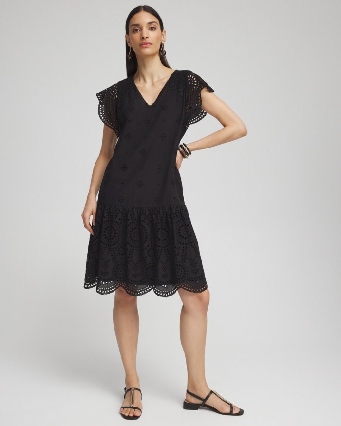 Women's Eyelet Scallop Hem Dress - Black