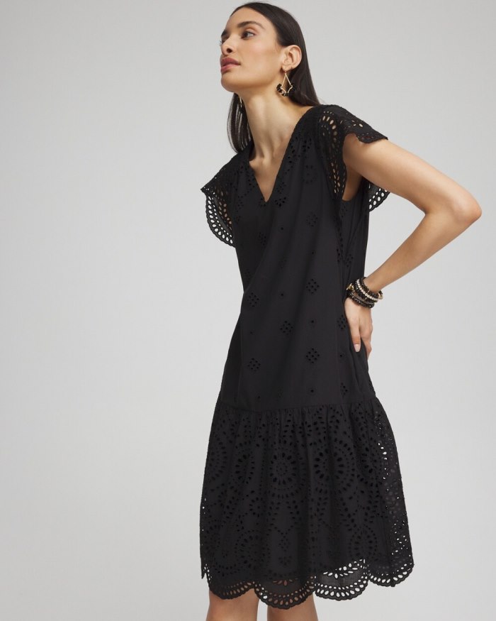 Women's Eyelet Scallop Hem Dress - Black