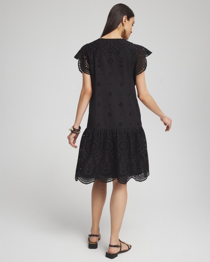 Women's Eyelet Scallop Hem Dress - Black