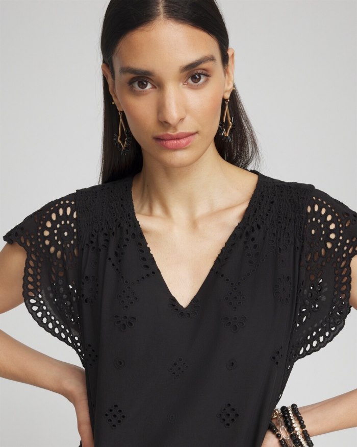 Women's Eyelet Scallop Hem Dress - Black