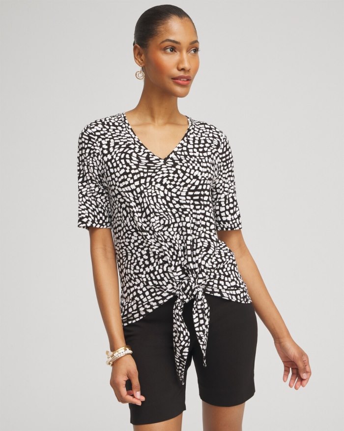 Women's Squares Abstract Tie-Front Top - Black