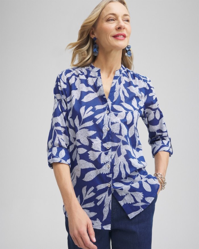 Women's Cotton Leaf Print Shirt - Evening Eclipse - Click Image to Close