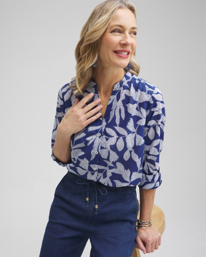 Women's Cotton Leaf Print Shirt - Evening Eclipse