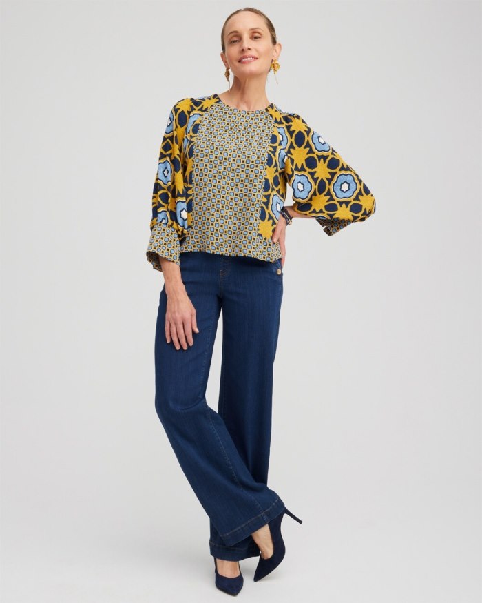 Women's Geometric Print Pintuck Top - Blue Echo