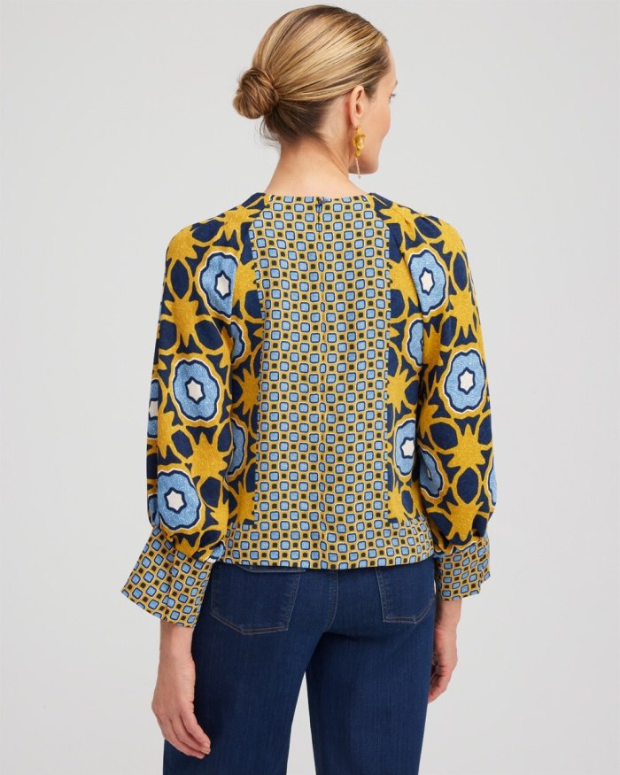 Women's Geometric Print Pintuck Top - Blue Echo