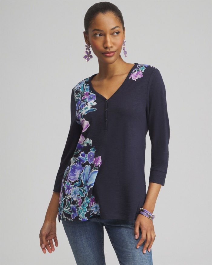 Women's Floral Henley Side Slit Tunic - Classic Navy - Click Image to Close