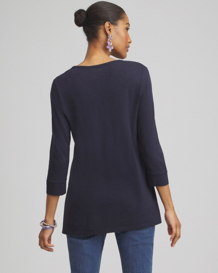 Women's Floral Henley Side Slit Tunic - Classic Navy