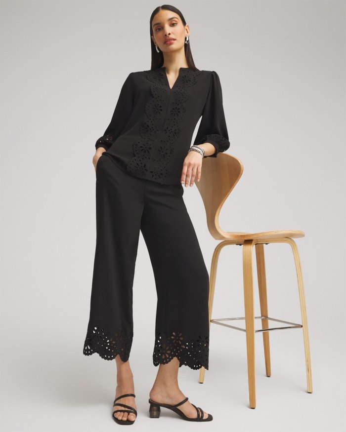 Women's Satin Eyelet Hem Culottes - Black