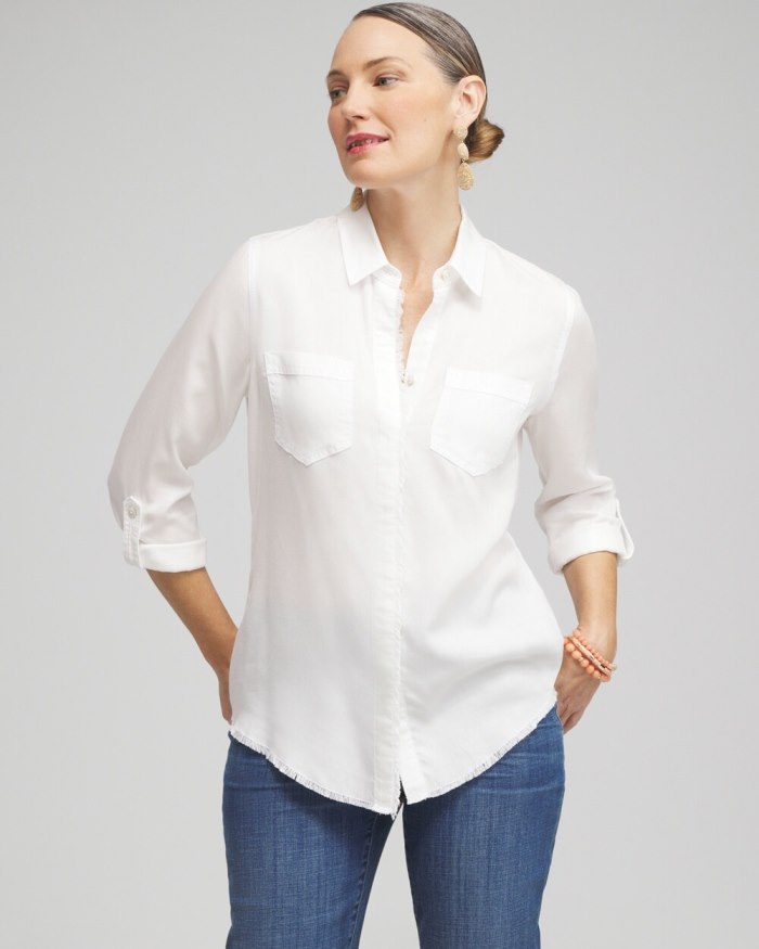 Women's Twill Fringe Hem Shirt - Alabaster - Click Image to Close