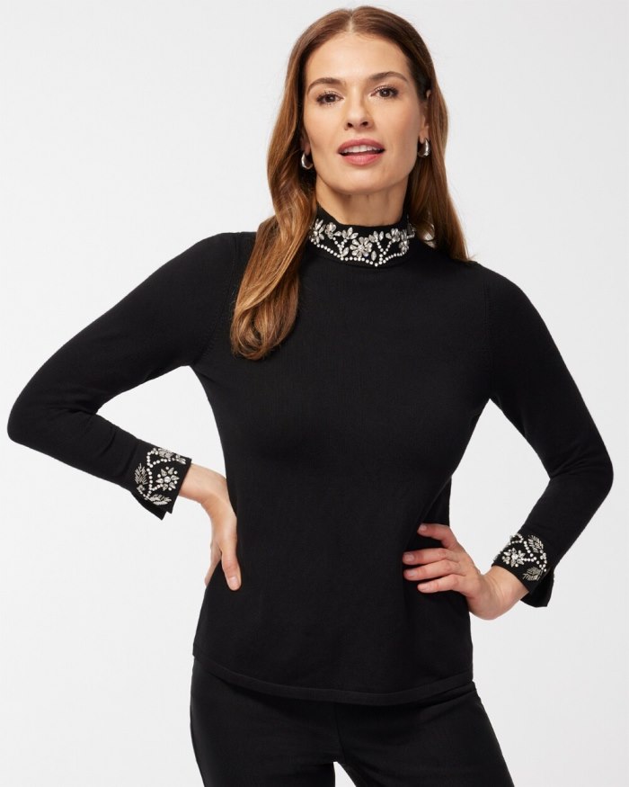 Women's Embellished Floral Turtleneck - Black