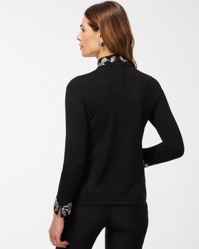 Women's Embellished Floral Turtleneck - Black