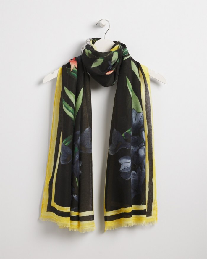 Women's Floral Oblong Scarf - Black - Click Image to Close