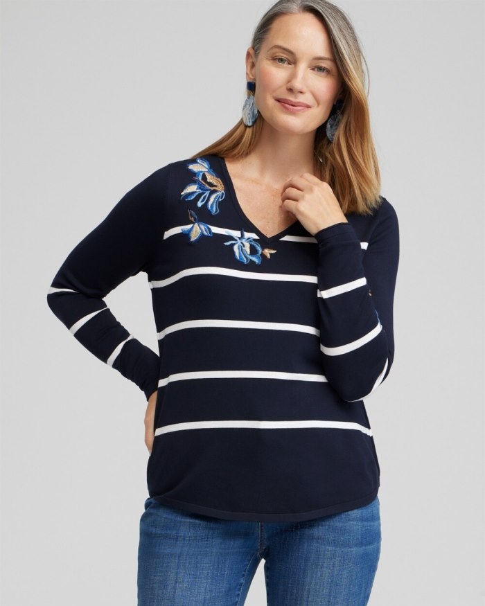 Women's Spun Rayon Stripe V-neck Pullover - Classic Navy