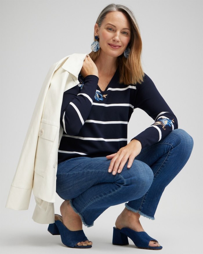 Women's Spun Rayon Stripe V-neck Pullover - Classic Navy