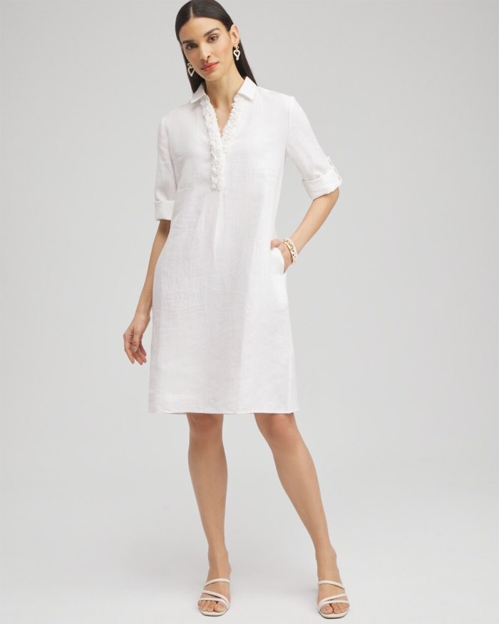 Women's Linen 3D Floral Dress - Alabaster - Click Image to Close