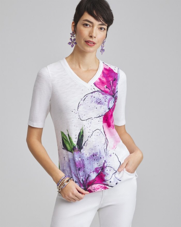 Women's Placed Floral Elbow Sleeve A-line Tee - Parisian Purple - Click Image to Close